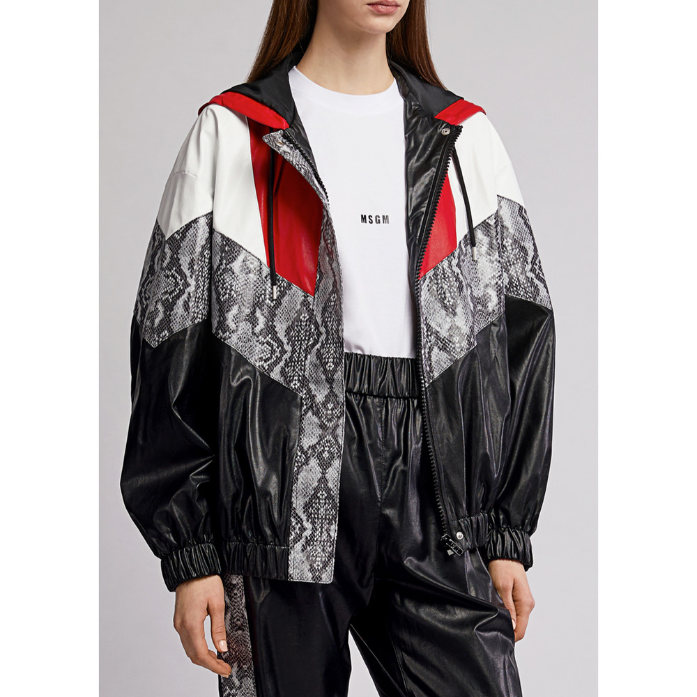 MSGM Snake Skin Patchwork Faux Leather‎ Hoodie Oversized Bomber Jacket~ 46